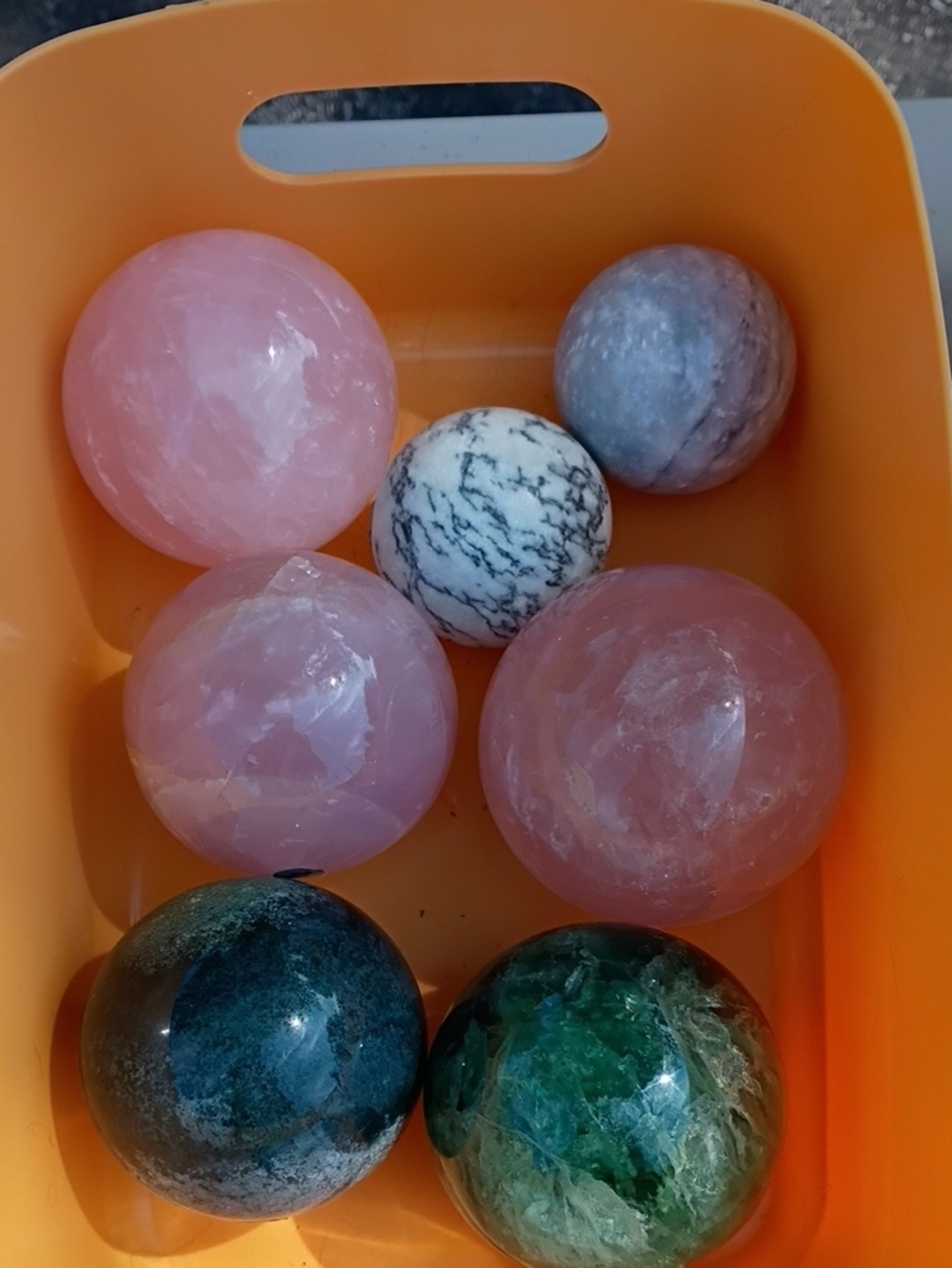 Set of Polished Gemstone Spheres - Rose Quartz, Green, Black & White